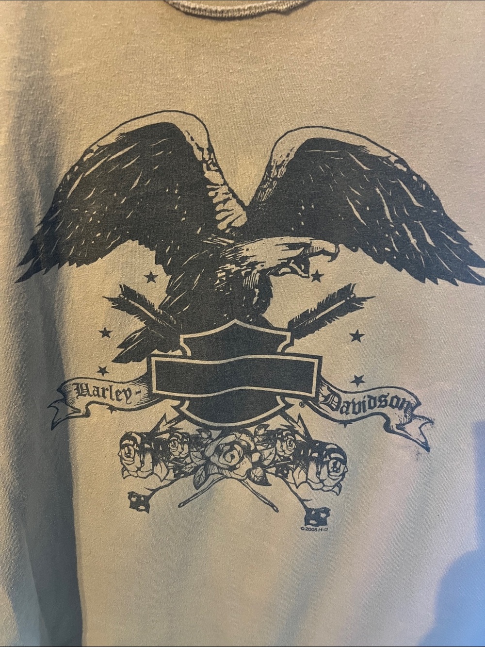 VINTAGE 2005 HARLEY DAVIDSON Y2K EAGLE BAR & SHIELD RAW EDGE TAN TEE SIZE XL